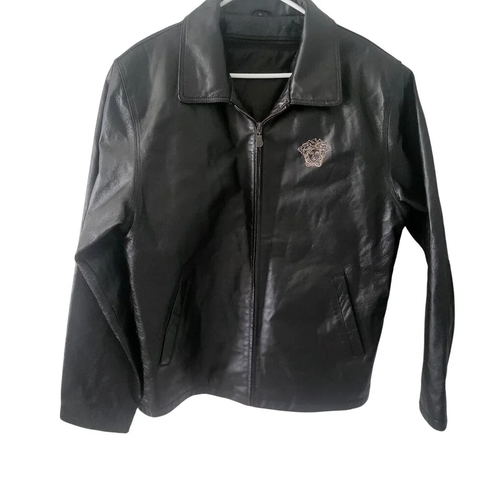 Men's Black Leather Jacket Outwear Stylish Embroidery Front & Back -M‎ - Picture 6 of 10